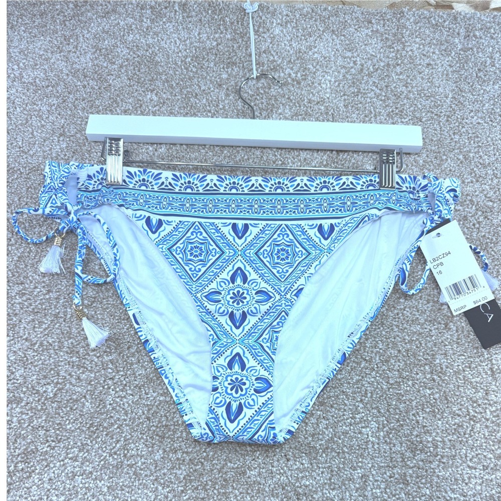 La Blanca Women Blue White Geometric Tile Side Tie Bikini Bottom 16 NEW Swim